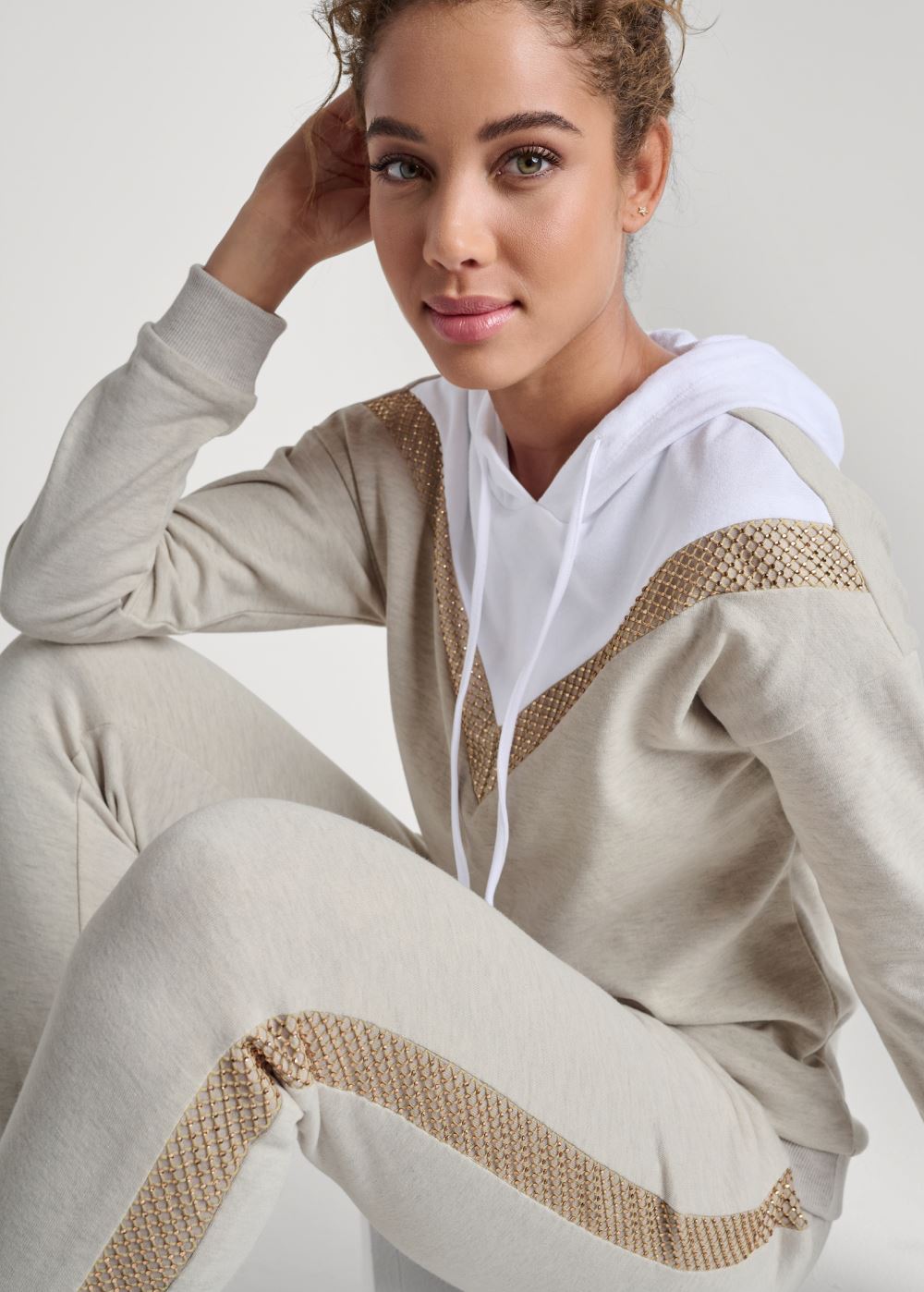 Venus Sequin Stripe Pant Set in Heathered Oatmeal