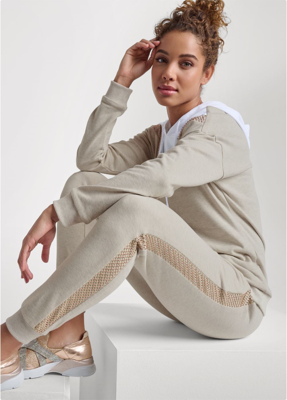 Venus Sequin Stripe Pant Set in Heathered Oatmeal