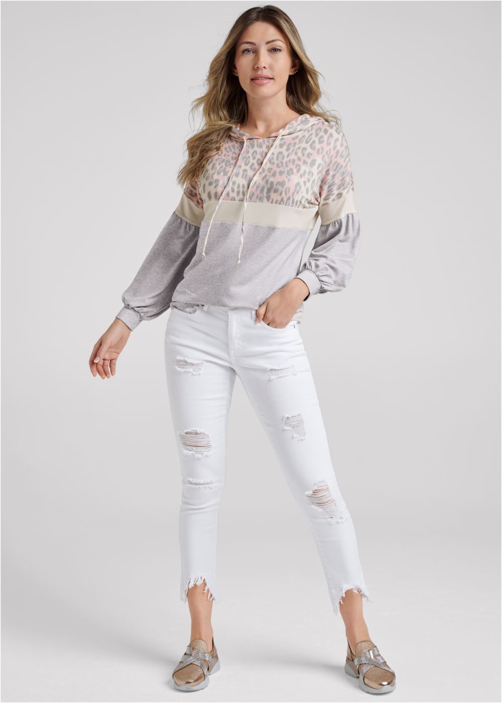 Venus Cozy Leopard Print Hoodie in Grey Multi