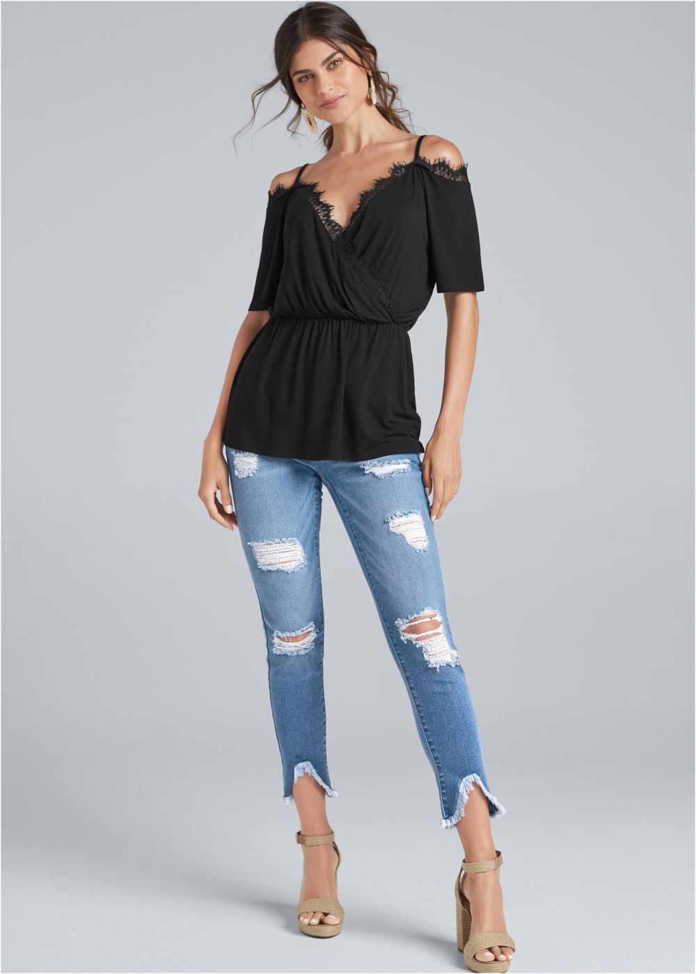 Venus Cold-Shoulder Lace Top in Black