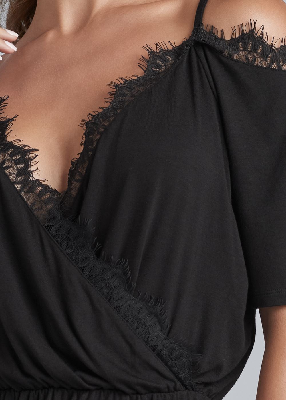 Venus Cold-Shoulder Lace Top in Black