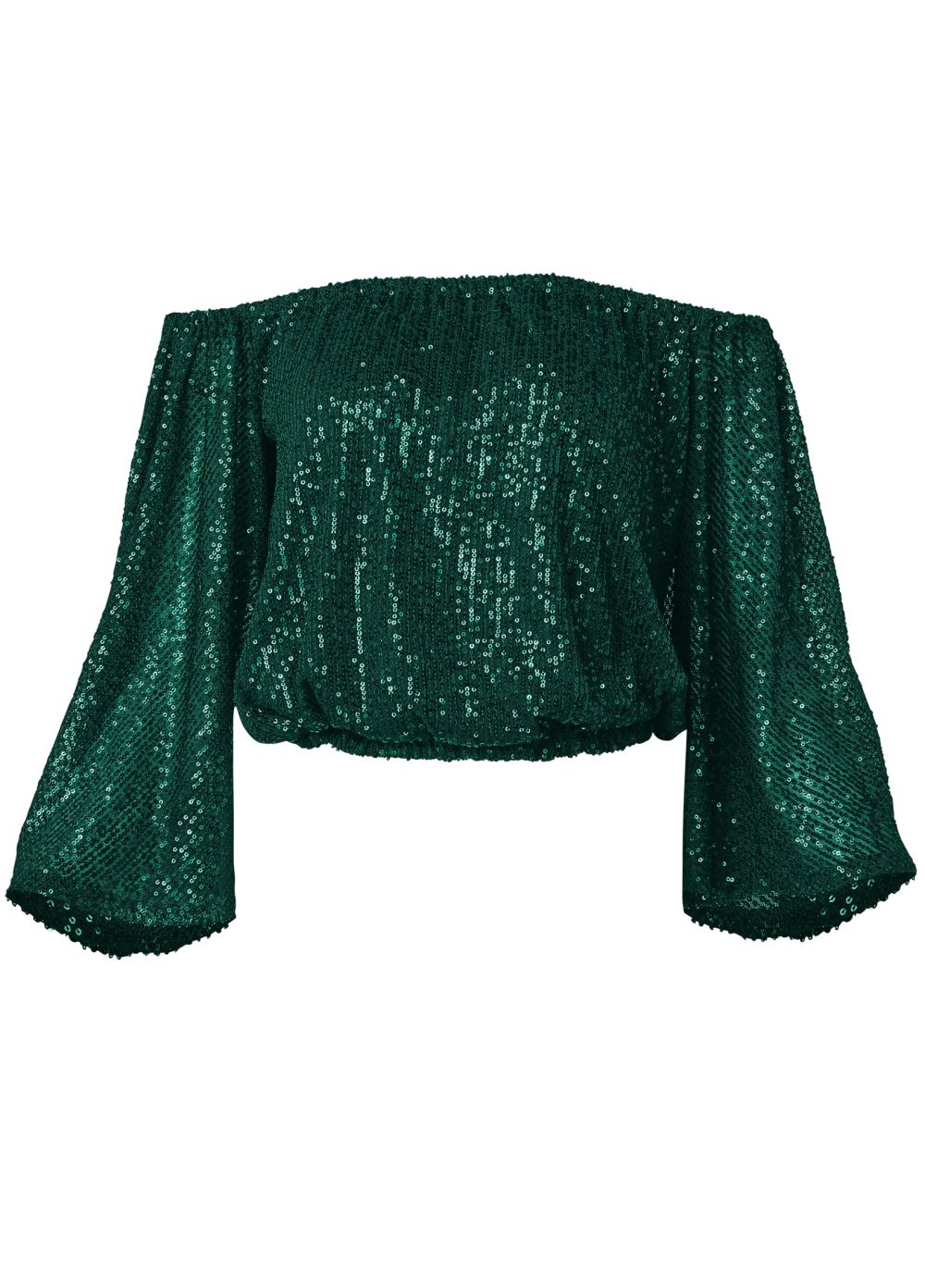 Venus Off-The-Shoulder Sequin Top in Dark Green