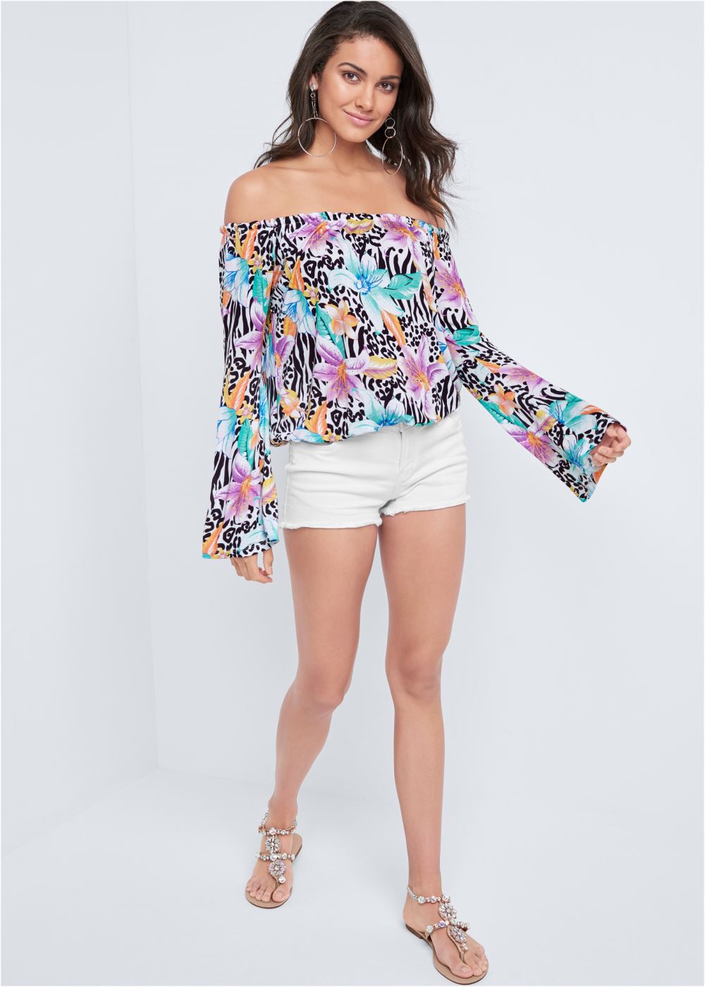 Venus Flare Sleeve Printed Top in White Multi