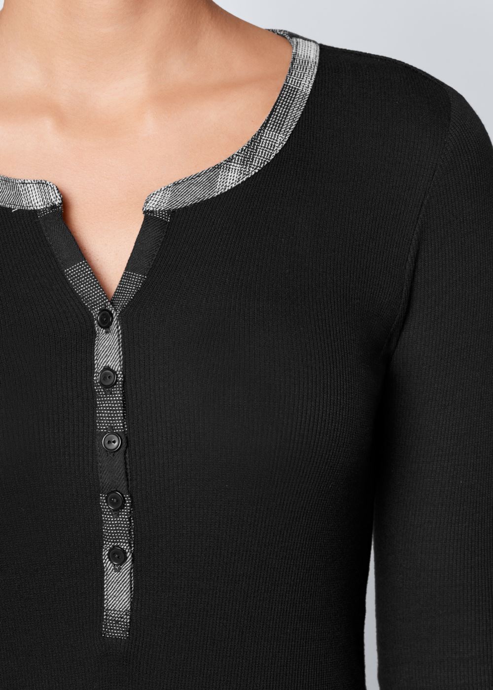 Venus Ribbed Henley Top in Black Multi