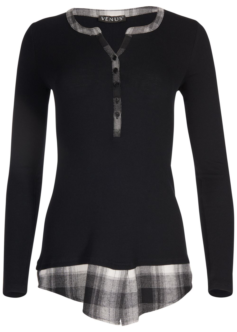 Venus Ribbed Henley Top in Black Multi