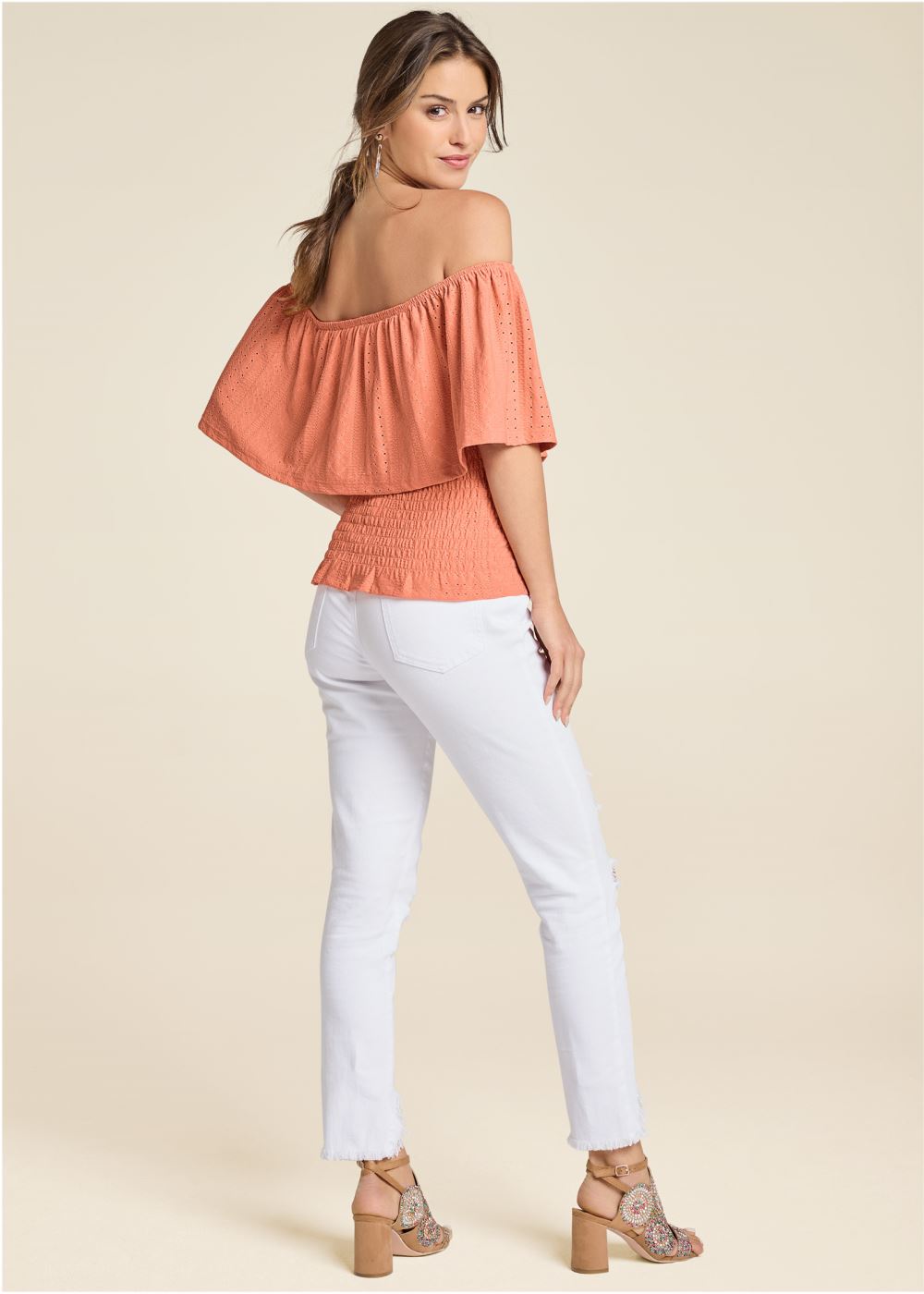 Venus Off-The-Shoulder Eyelet Top in Orange