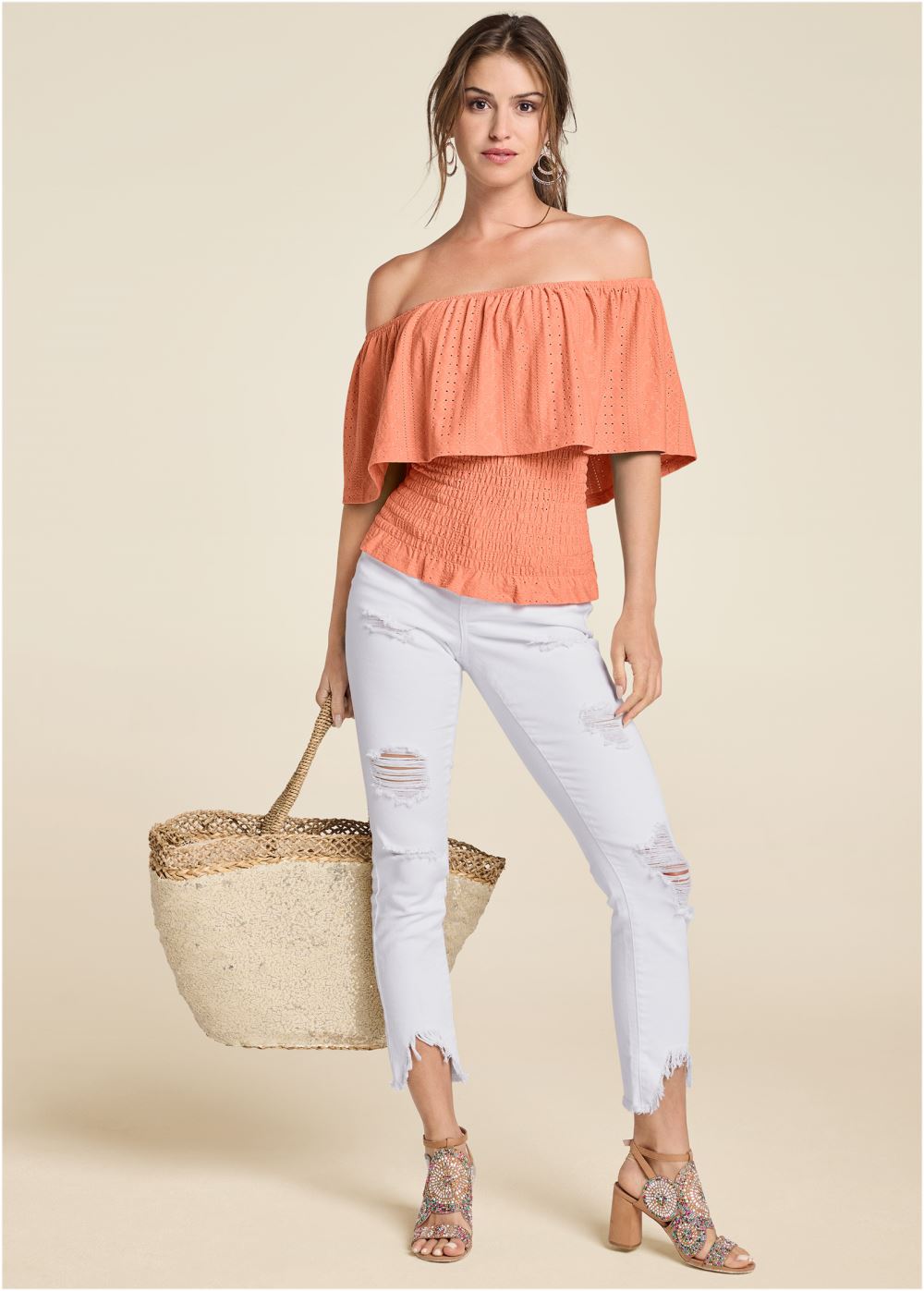 Venus Off-The-Shoulder Eyelet Top in Orange