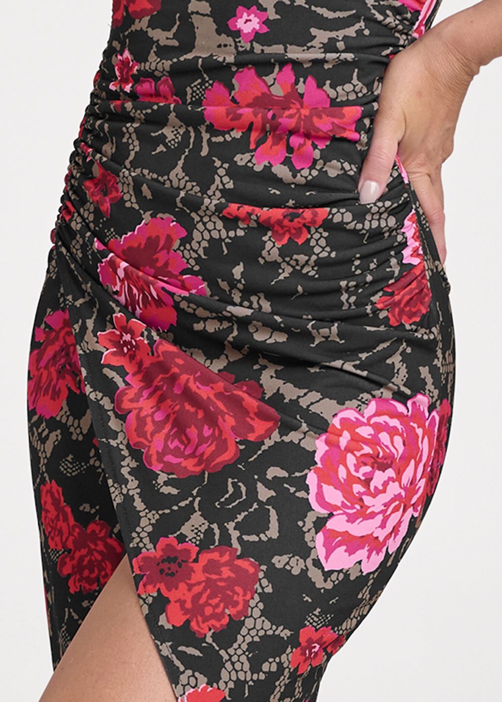 Venus Ruched Bodycon Midi Dress - Red Multi