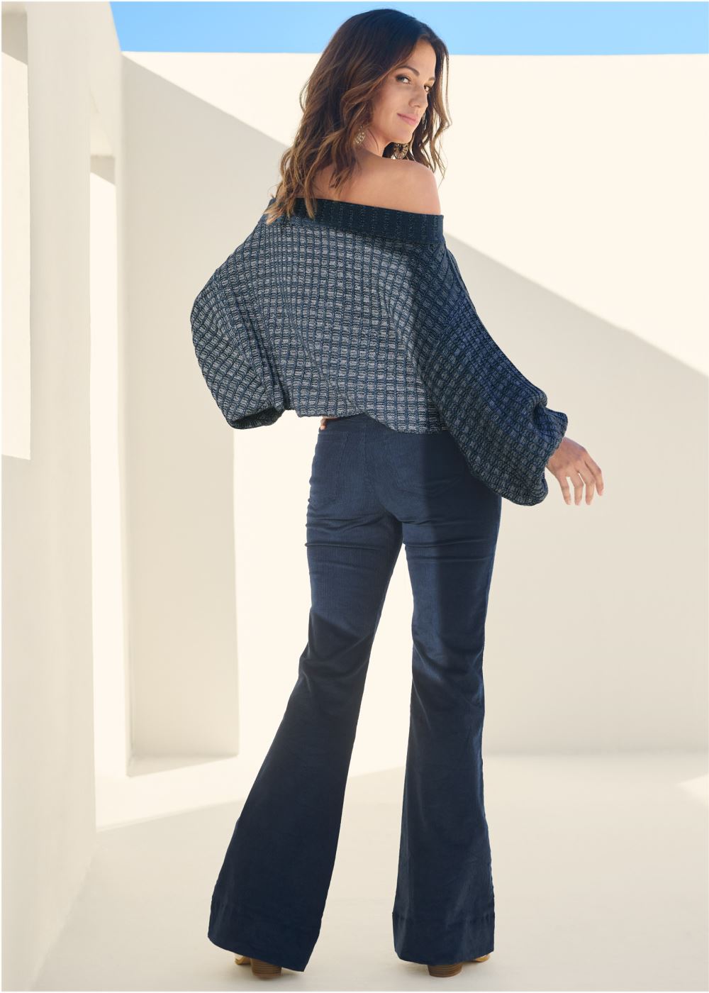 Venus VENUS | Off The Shoulder Sweater in Navy & White
