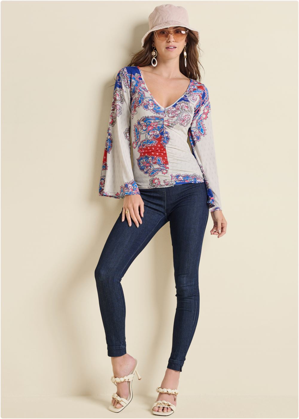 Venus Ruched Printed Top in Red Multi
