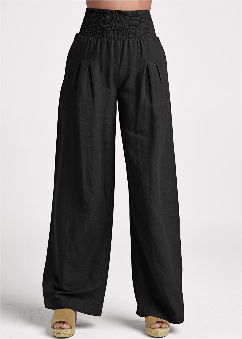 Venus Black SMOCKED WAIST WIDE LEG PANTS