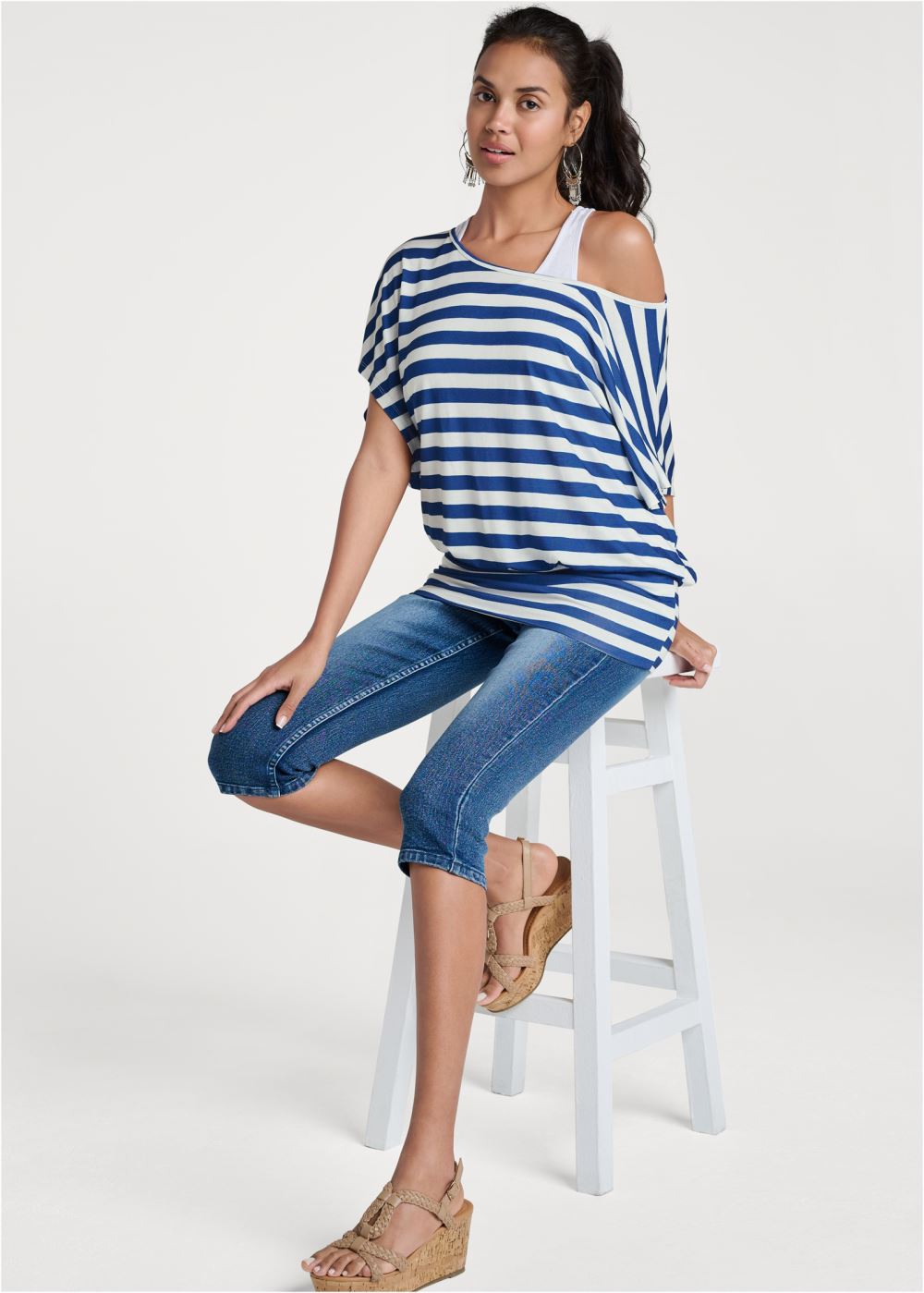 Venus Off-Shoulder Layered Top in Blue & White
