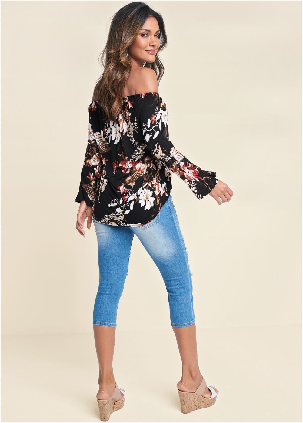 Venus Off-The-Shoulder Floral Top in Black Multi