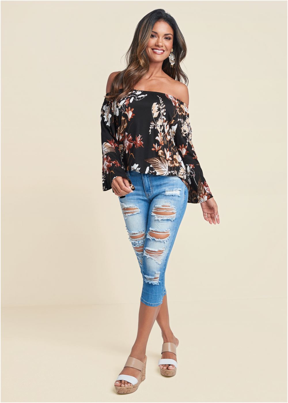 Venus Off-The-Shoulder Floral Top in Black Multi
