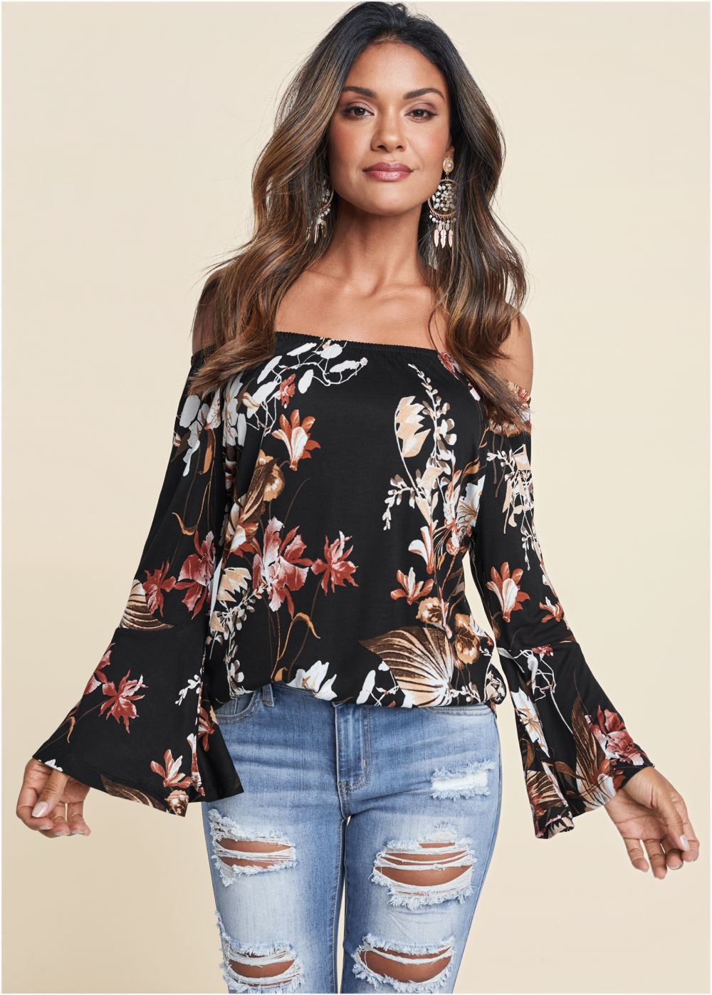 Venus Off-The-Shoulder Floral Top in Black Multi