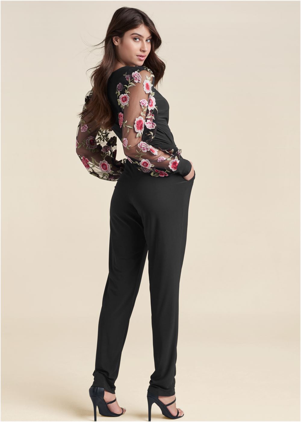 Venus Embroidered Sleeve Jumpsuit in Black Multi