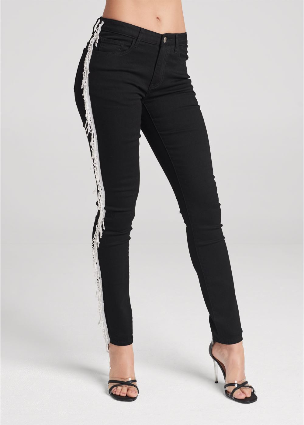 Venus Pearl Fringe Skinny Jeans in Black Denim