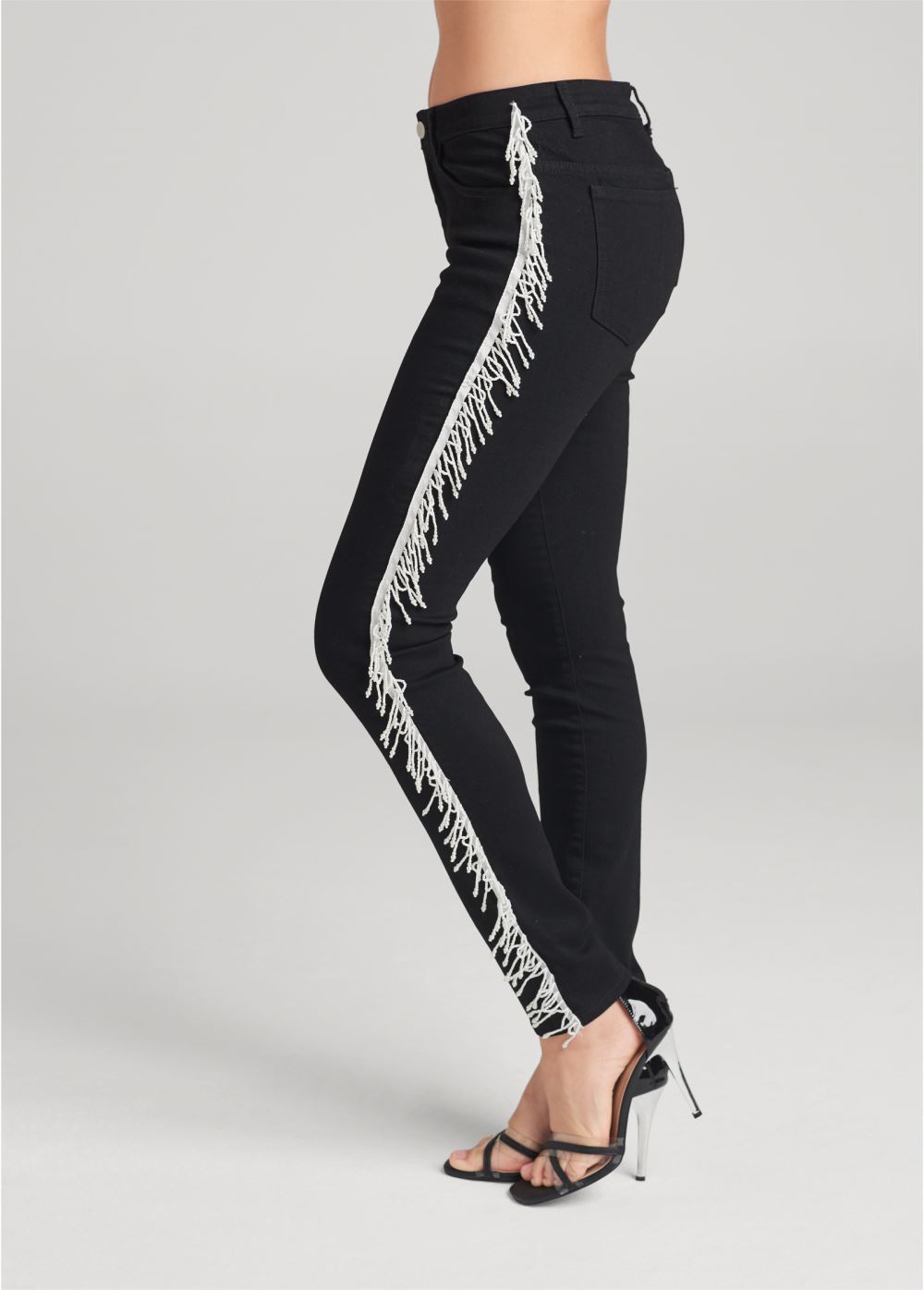 Venus Pearl Fringe Skinny Jeans in Black Denim