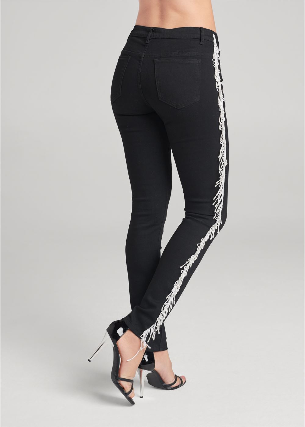 Venus Pearl Fringe Skinny Jeans in Black Denim