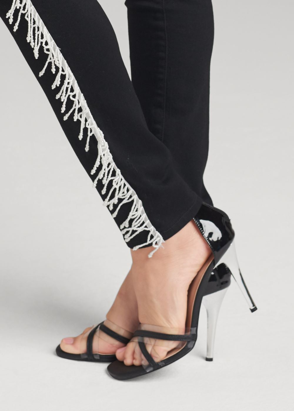 Venus Pearl Fringe Skinny Jeans in Black Denim