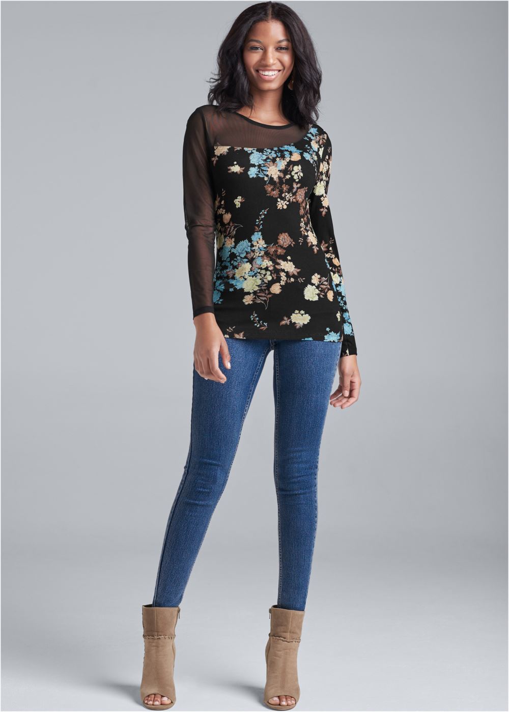 Venus Mesh Detail Top in Black Multi