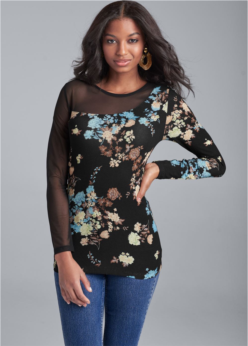 Venus Mesh Detail Top in Black Multi