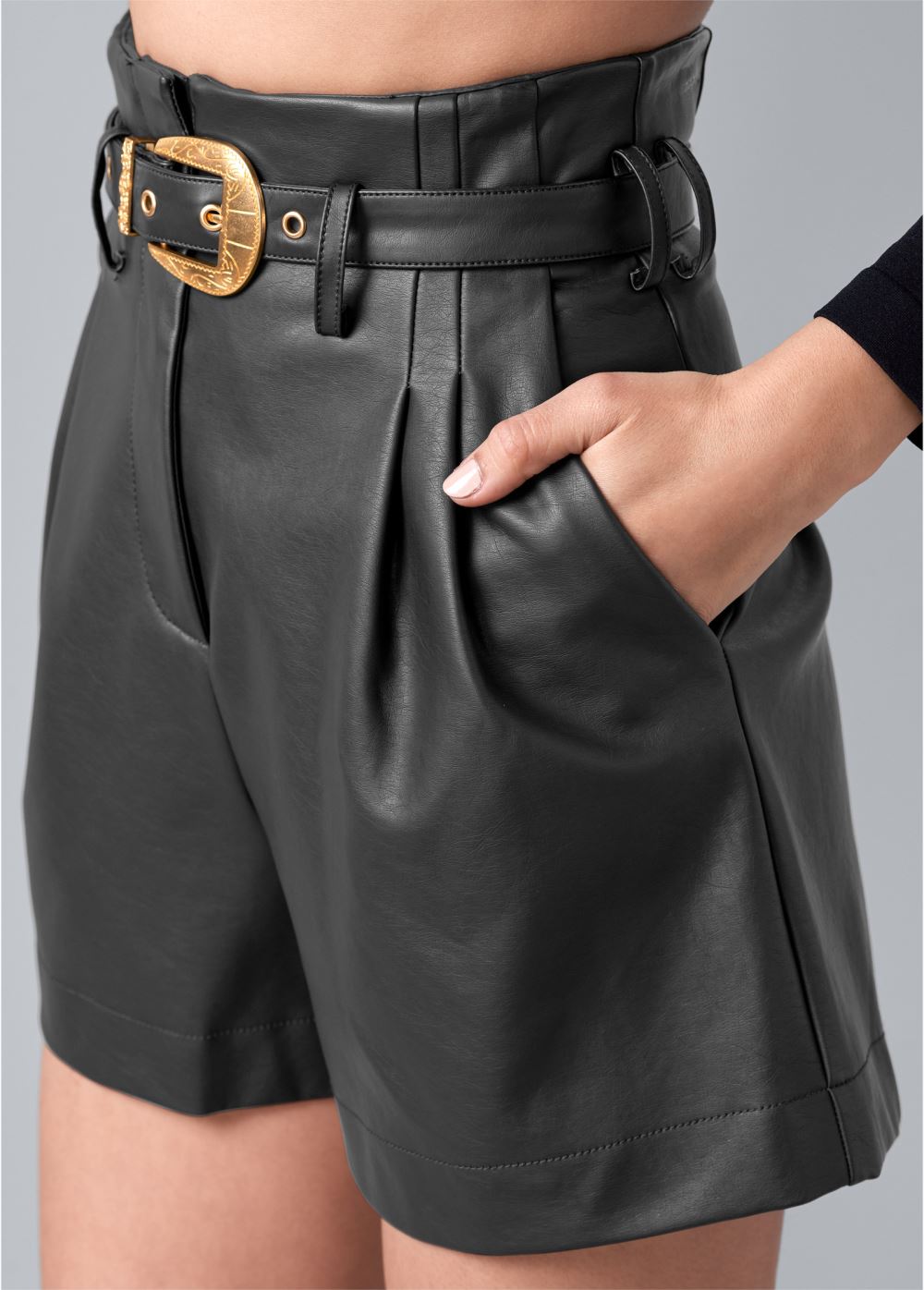 Venus Black Belted Faux-Leather Shorts