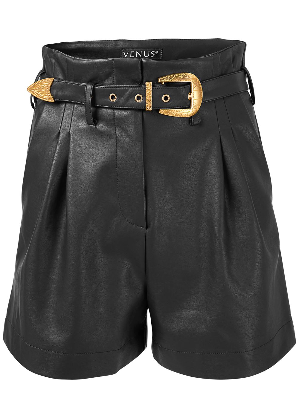 Venus Black Belted Faux-Leather Shorts