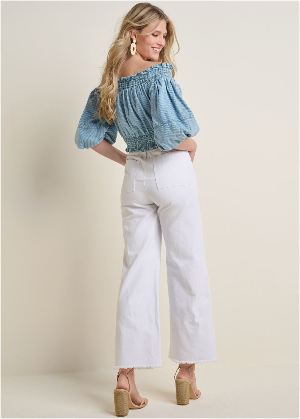 Venus Off-Shoulder Chambray Top in Blue & White
