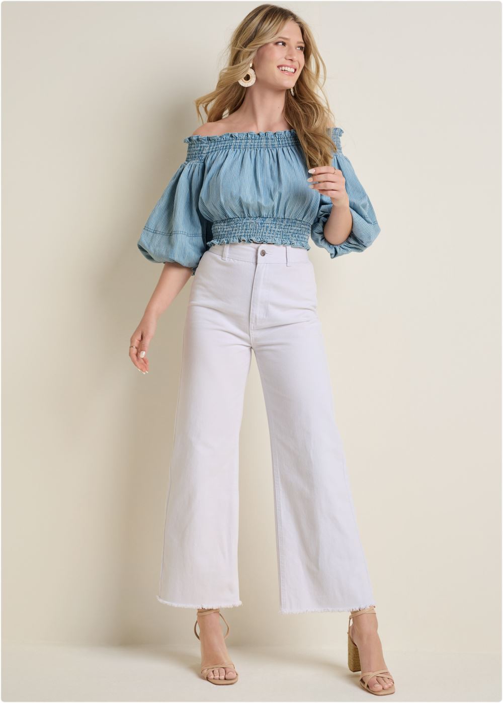 Venus Off-Shoulder Chambray Top in Blue & White