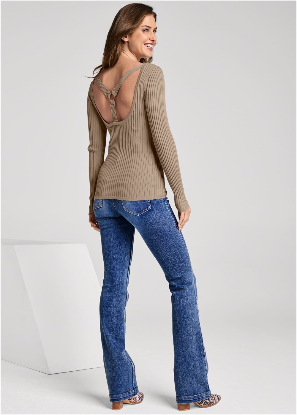 Venus VENUS | Ribbed Open Back Sweater in Tan