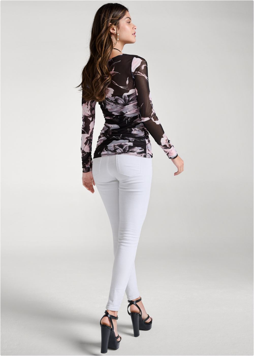 Venus Floral Mesh Y-Neck Top in Pink Multi