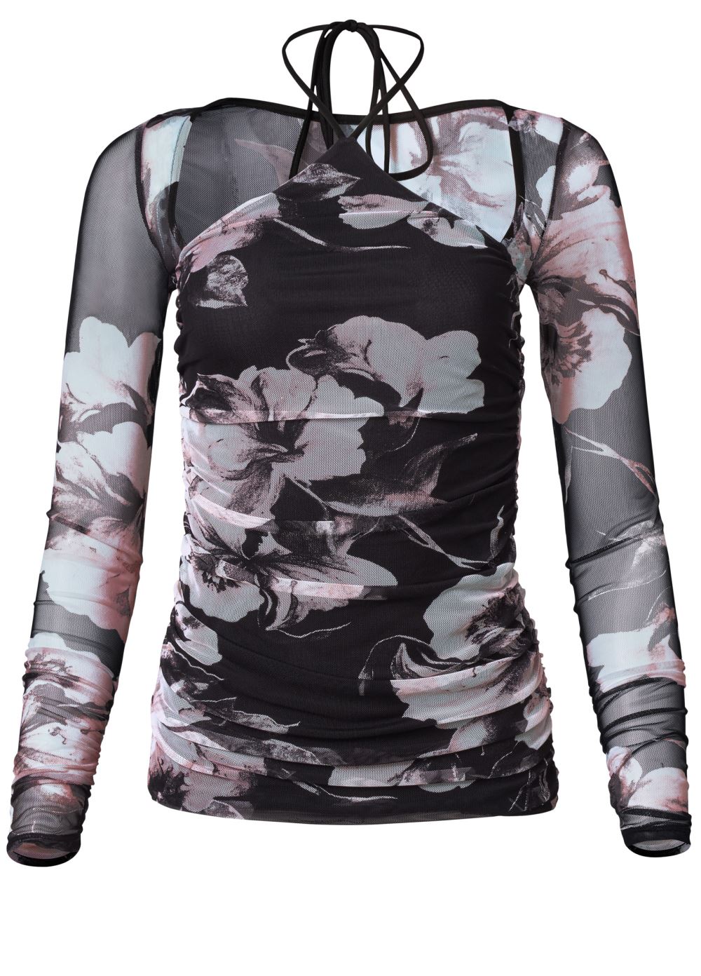 Venus Floral Mesh Y-Neck Top in Pink Multi