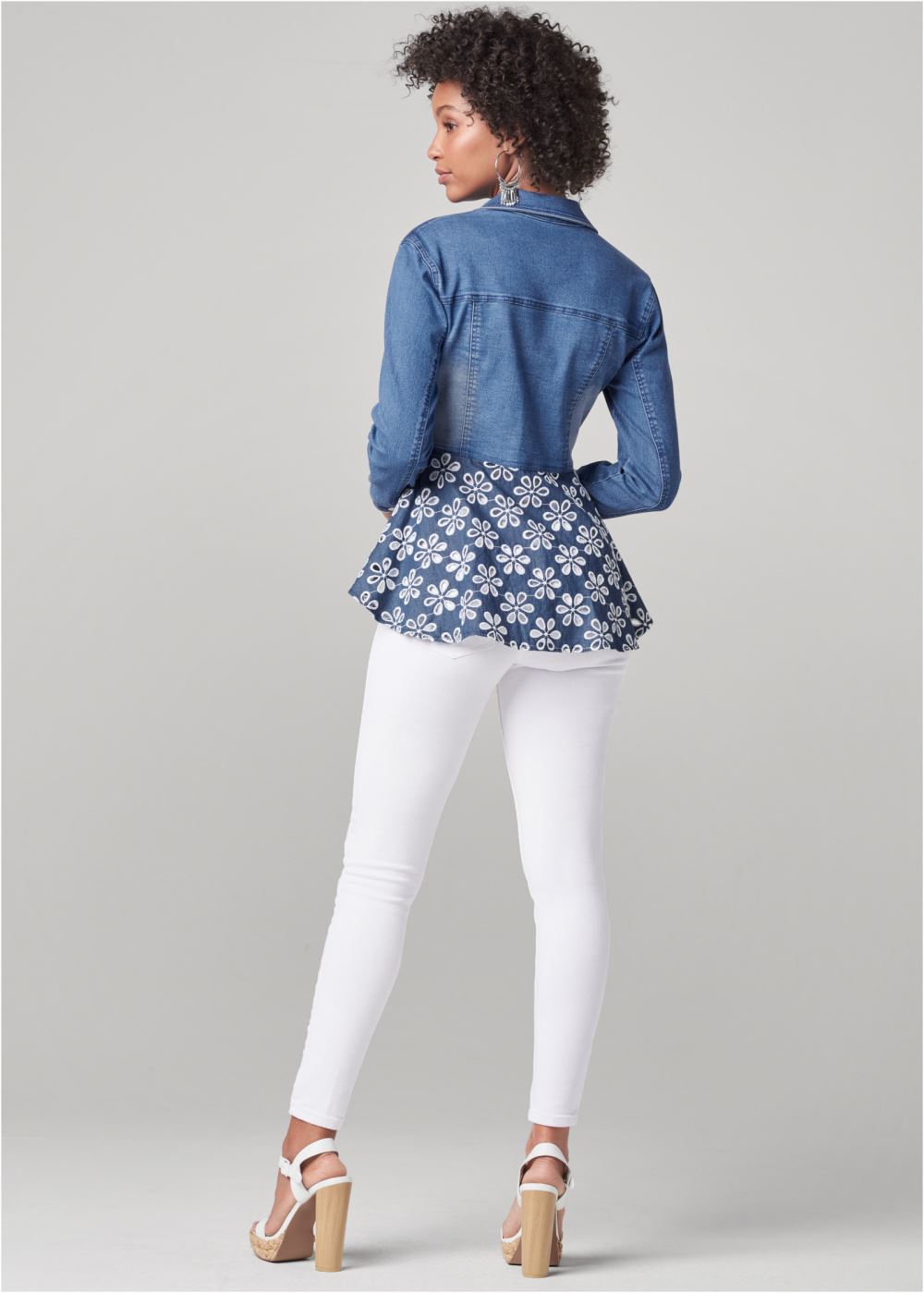 Venus Daisy Peplum Jean Jacket in Denim Blue