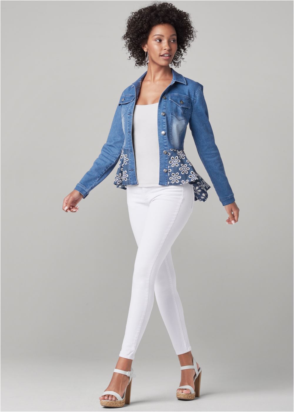 Venus Daisy Peplum Jean Jacket in Denim Blue