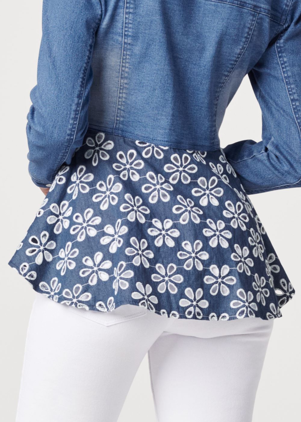 Venus Daisy Peplum Jean Jacket in Denim Blue