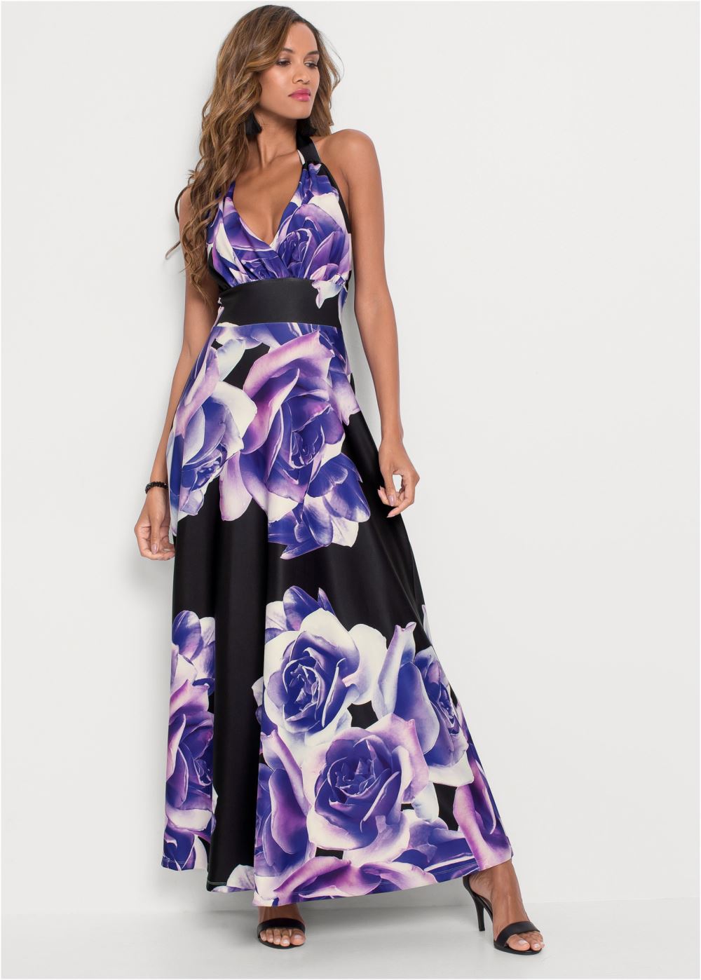 Venus Floral Printed Long Dress - Black & Purple