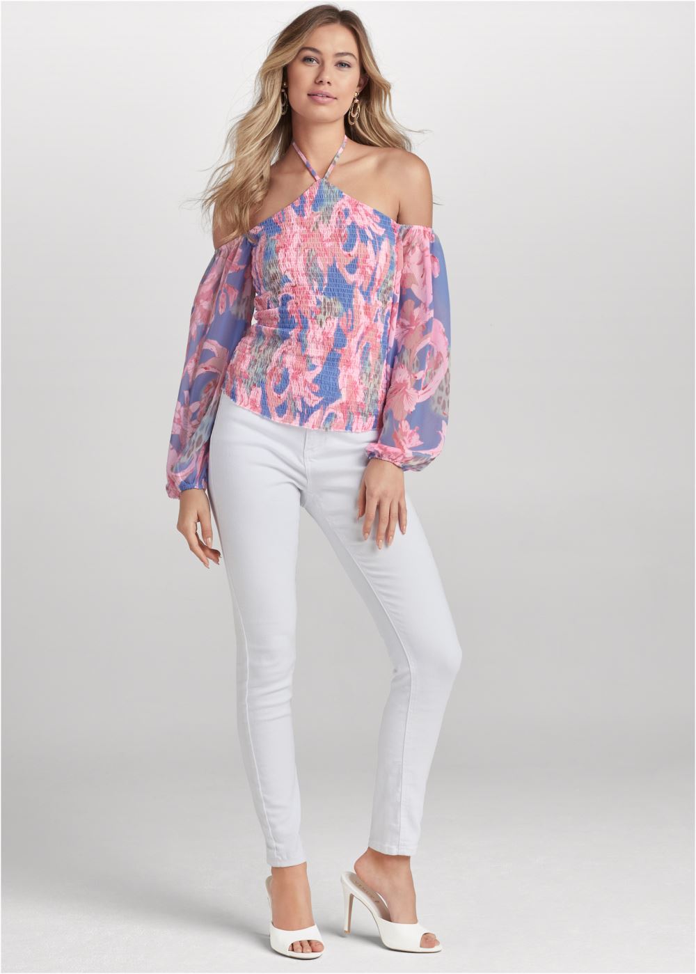 Venus Floral Y-Neck Smocked Top in Light Blue Multi
