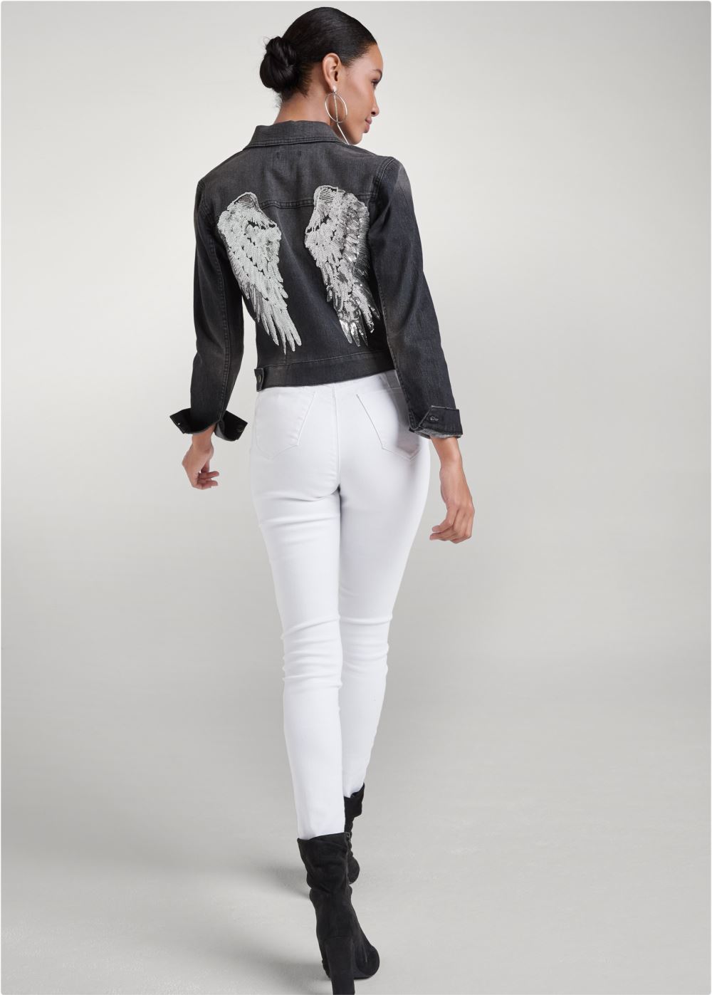 Venus Sequin Wing Jean Jacket in Black Denim