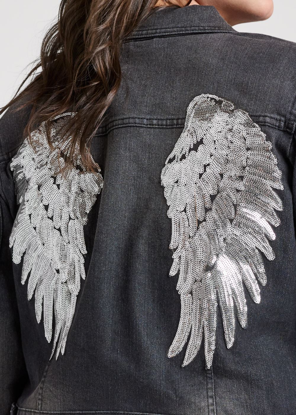 Venus Sequin Wing Jean Jacket in Black Denim