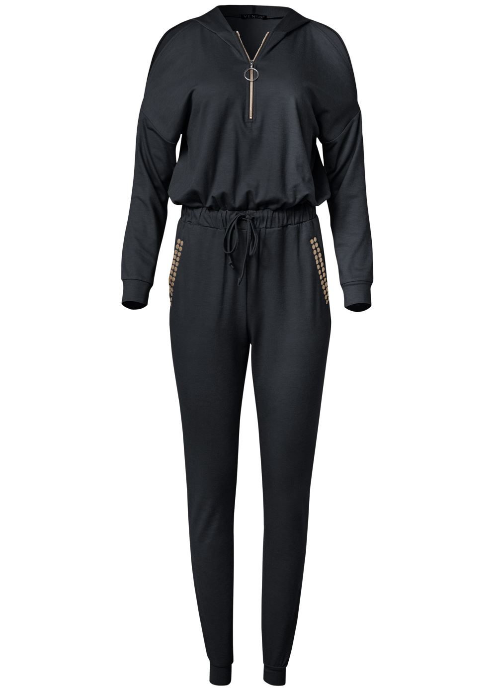 Venus Gold Stud Hooded Jumpsuit in Black