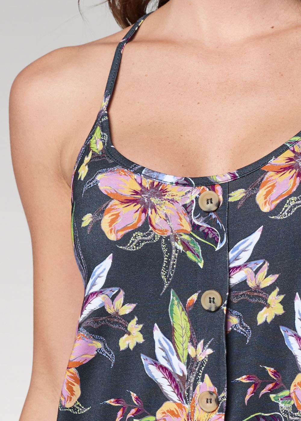 Venus Button Detail Floral Tank in Black Multi