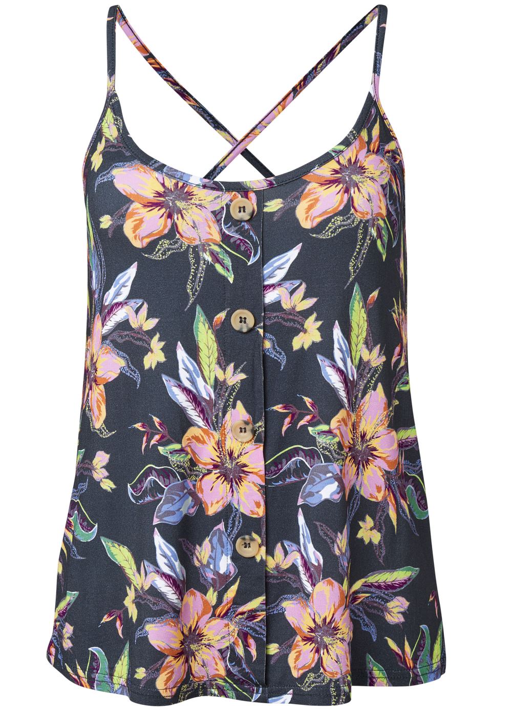 Venus Button Detail Floral Tank in Black Multi