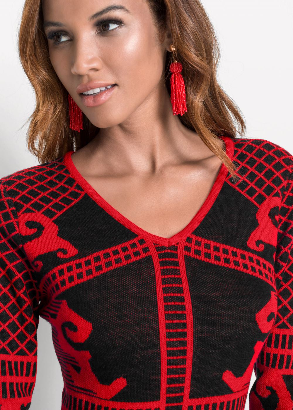 Venus Printed Sweater Dress - Black & Red
