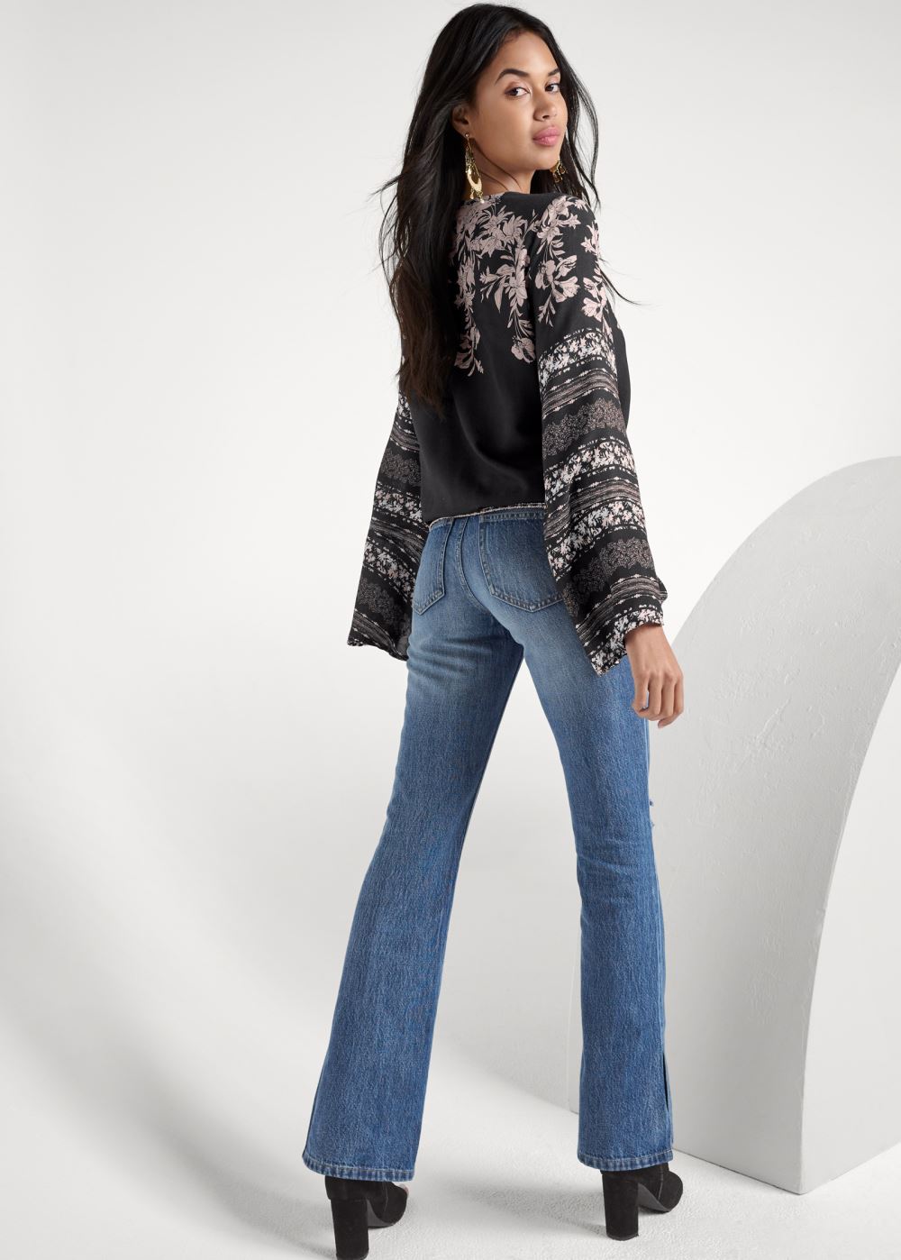 Venus Bell Sleeve Print Wrap Top in Black Multi
