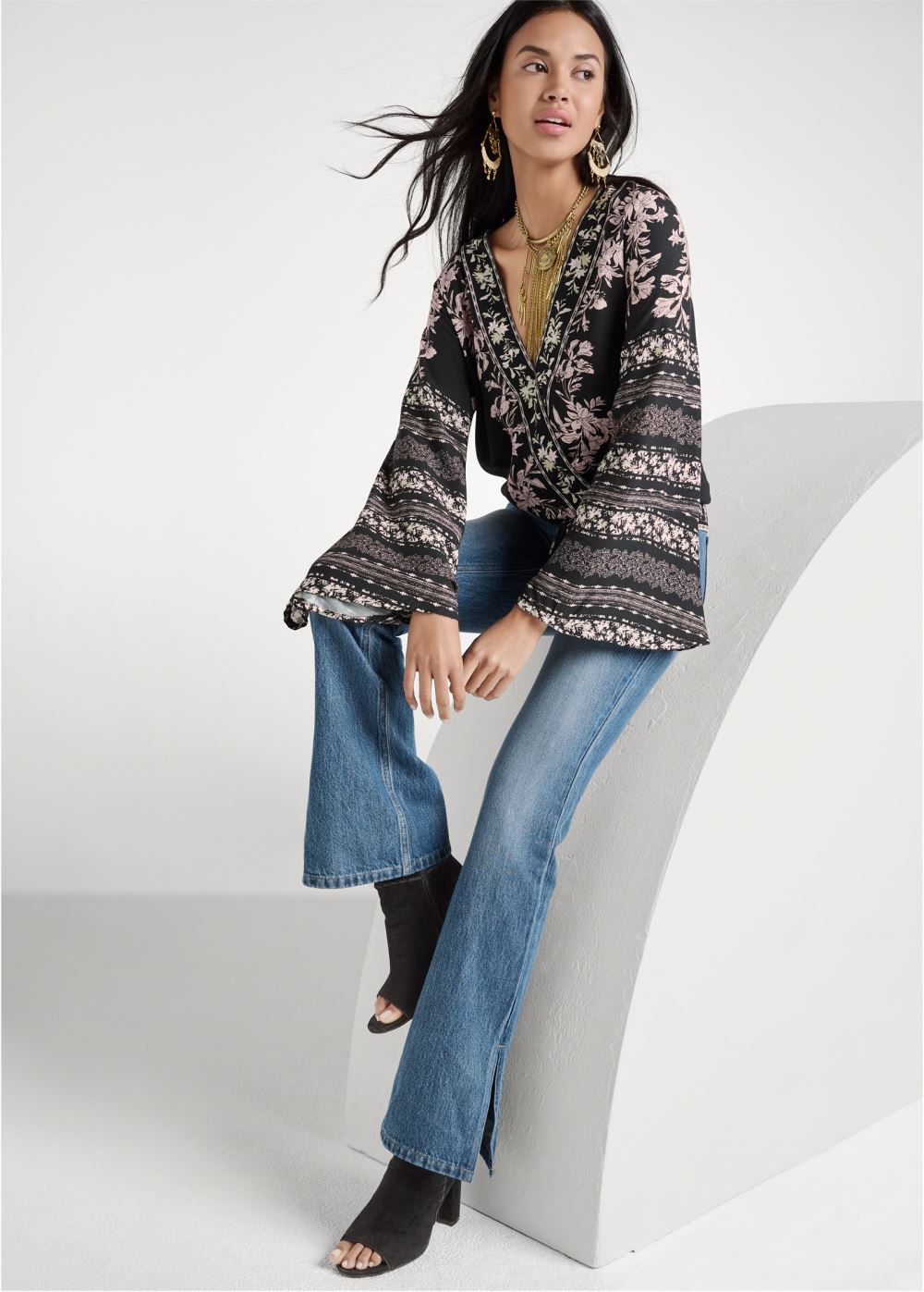 Venus Bell Sleeve Print Wrap Top in Black Multi