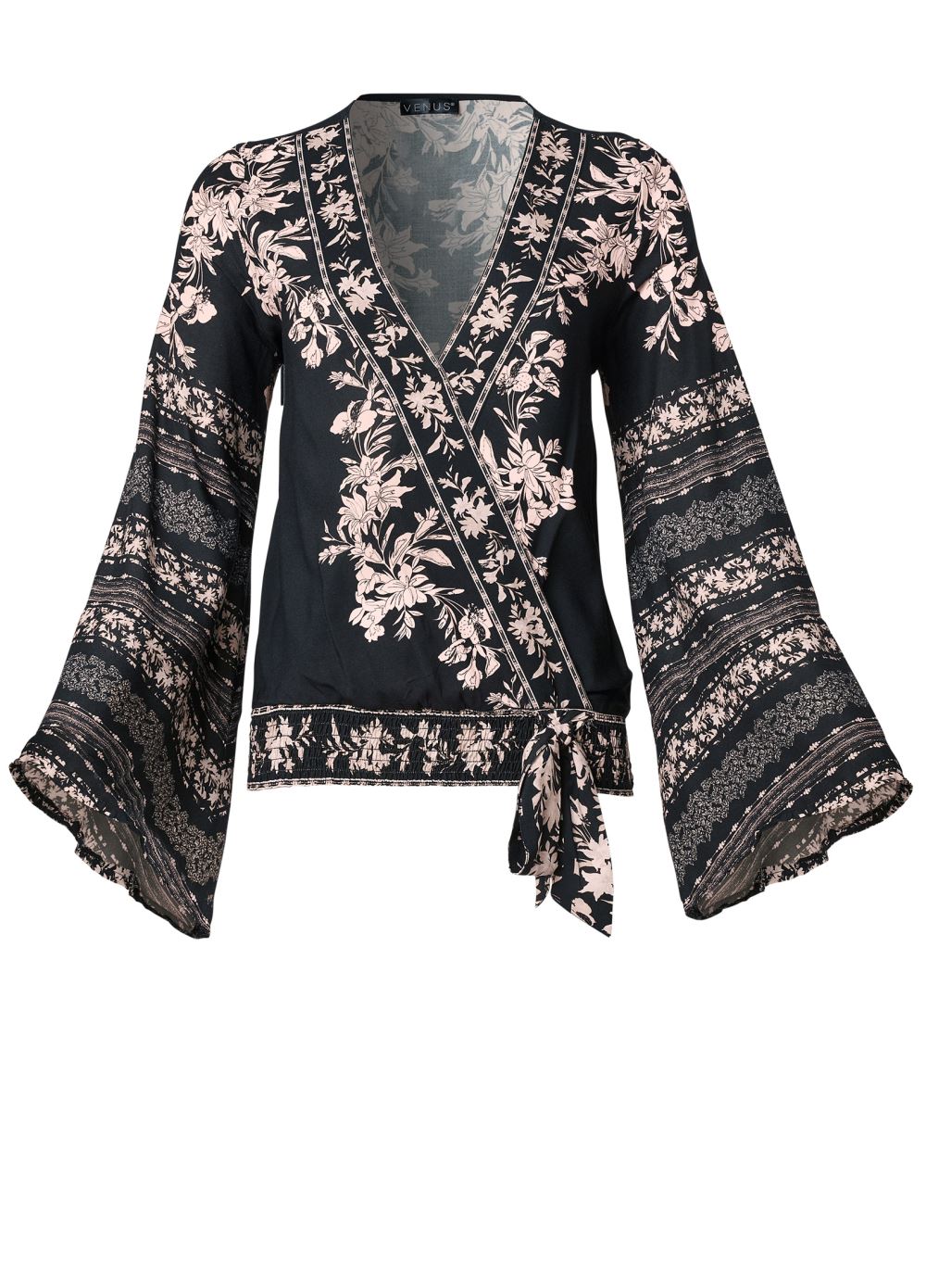 Venus Bell Sleeve Print Wrap Top in Black Multi