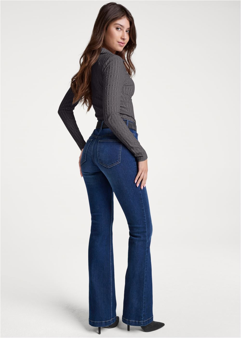Venus Plunging Collared Bodysuit in Dark Heather Grey