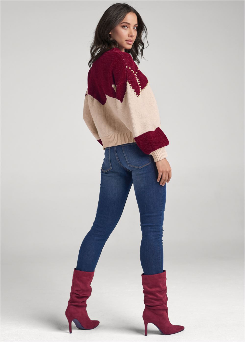 Venus VENUS | Faux-Pearl Chenille Sweater in Red & White