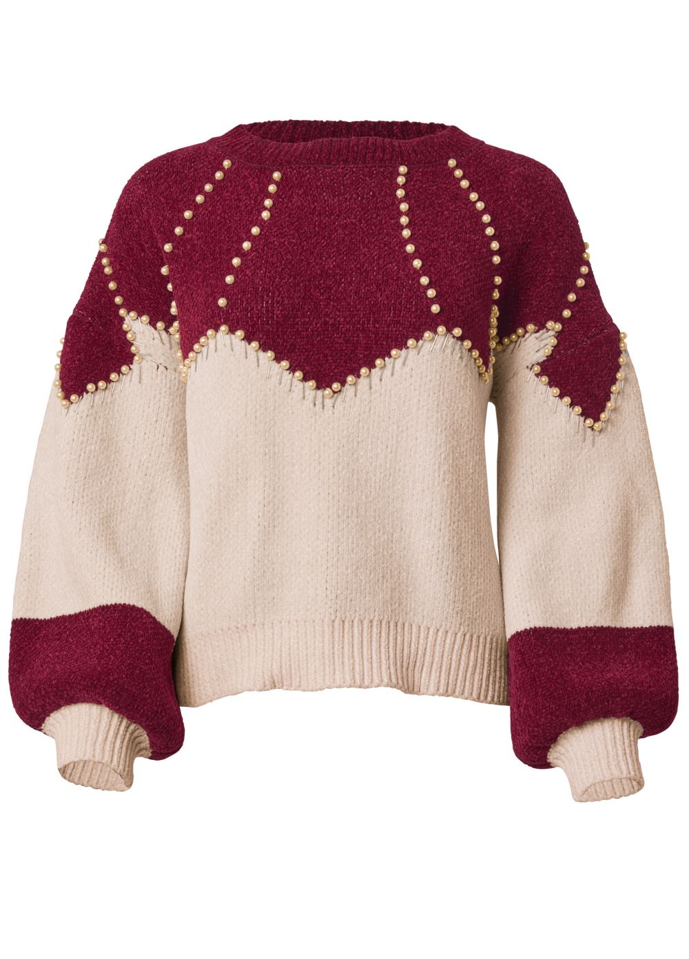 Venus VENUS | Faux-Pearl Chenille Sweater in Red & White
